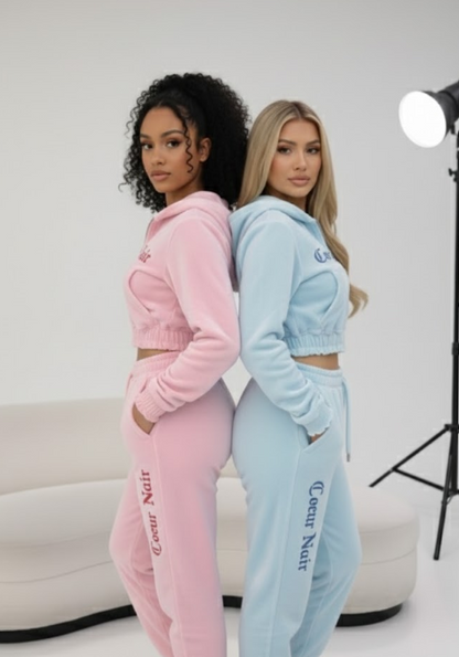 Custom Cœur Noir Embroidery Jogger Set™ – Oversized Cropped Hoodie & Joggers