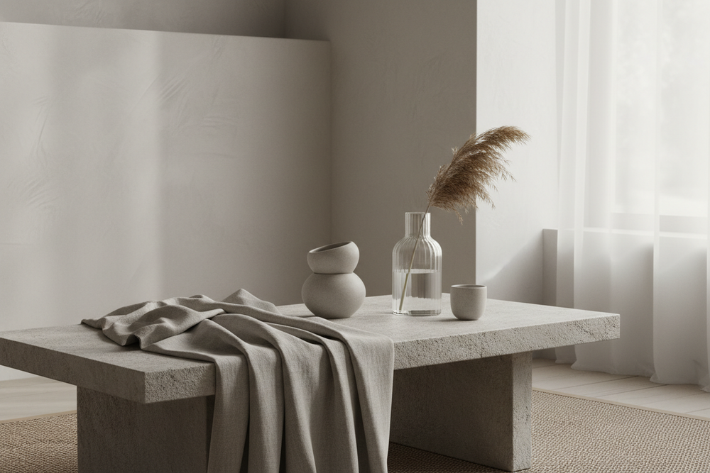 A high-end editorial lifestyle image with neutral tones, soft natural lighting, and minimal composition. 
Abstract luxury aesthetic featuring refined textures like linen, stone, glass, or ceramic. 
No people, no text, no logos. 
Modern, calm, and sophisticated mood. 
Luxury brand editorial style.