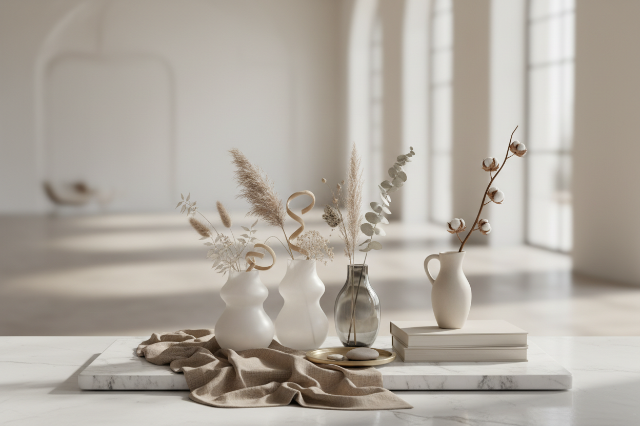 Luxury lifestyle editorial image with a modern, minimal aesthetic. 
Neutral color palette with soft shadows and natural light. 
High-end atmosphere, calm and refined. 
No people, no text, no logos. 
Designed for a premium lifestyle brand homepage hero.