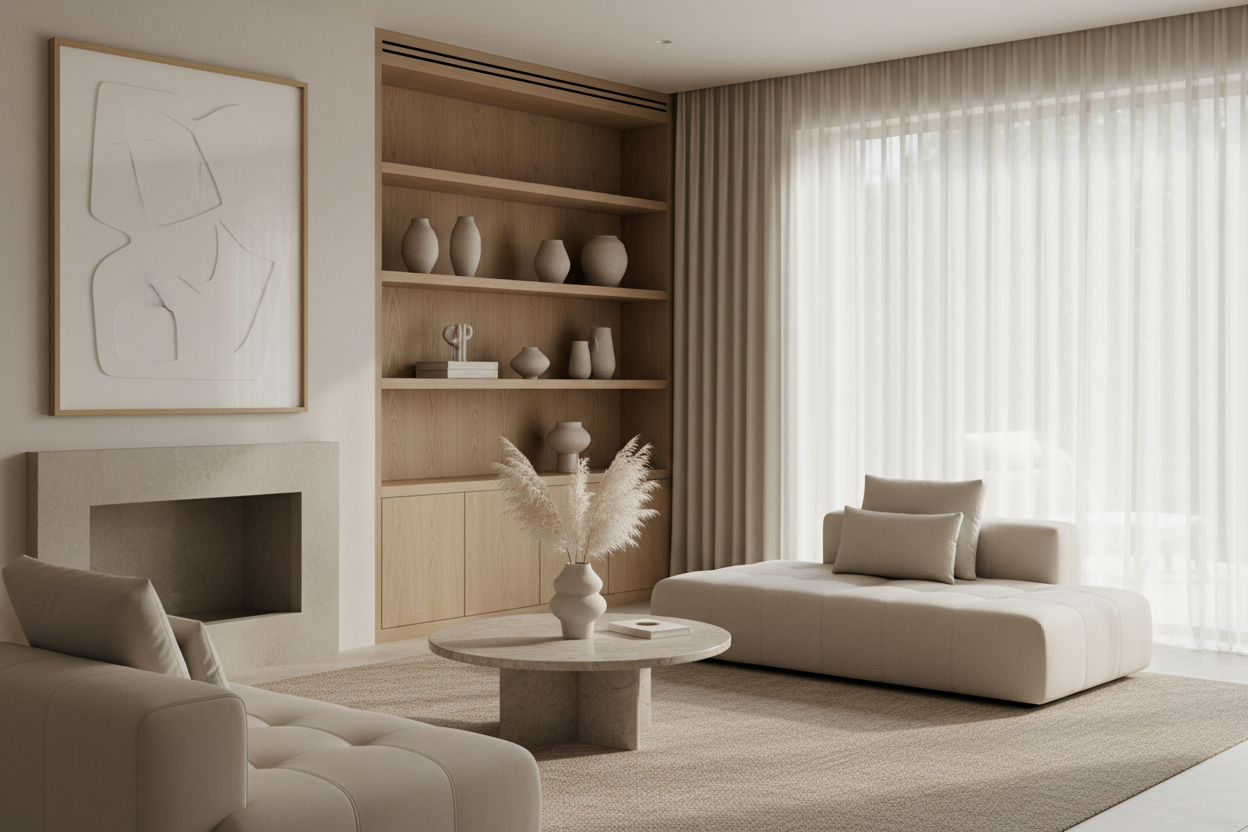 Minimal luxury lifestyle scene, soft natural light entering through sheer curtains, neutral tones (cream, beige, stone), modern elegant interior, calm and refined atmosphere, premium aesthetic, shallow depth of field, editorial photography style, no people, no text, no logos