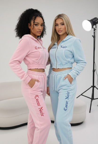 Custom Cœur Noir Embroidery Jogger Set™ – Oversized Cropped Hoodie & Joggers